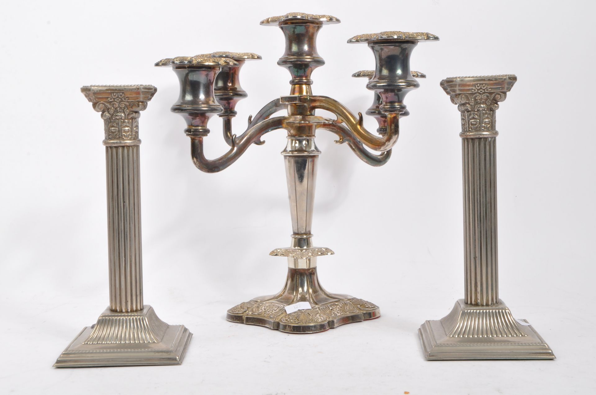 PAIR OF SILVER PLATED COLUM CANDLESTICKS & CANDELABRA