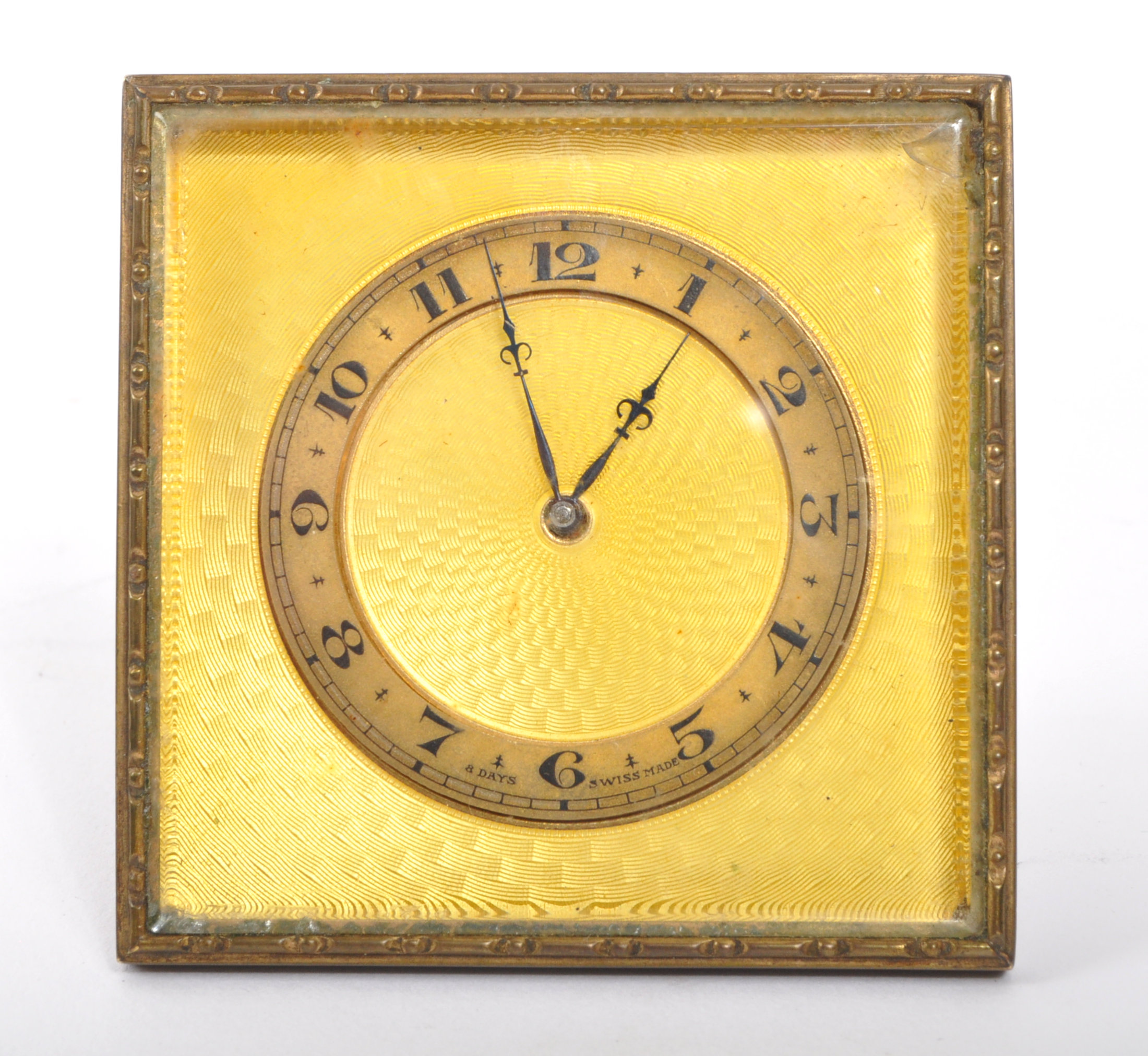 ART DECO BRASS CASED GILT GUILLOCHE ENAMEL TRAVEL EASEL CLOCK