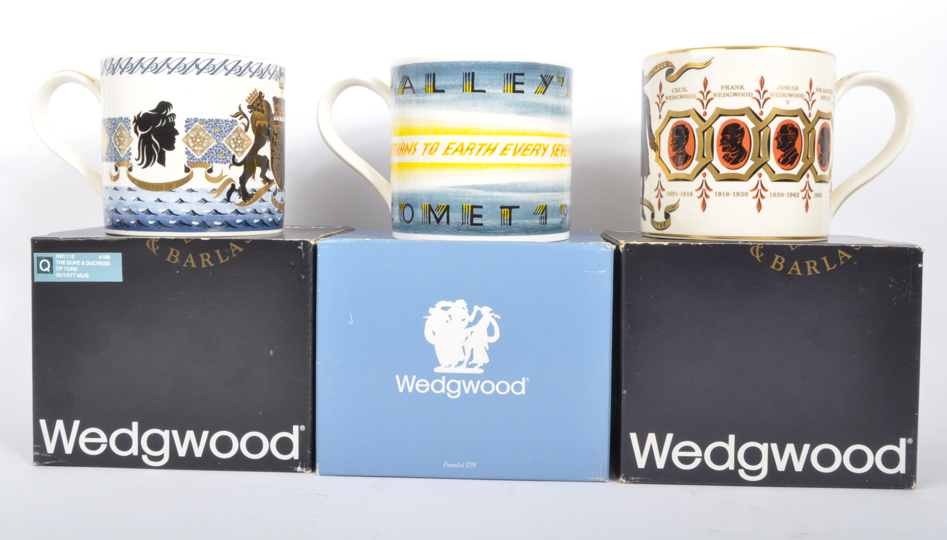 THREE BOXED WEDGWOOD RICHARD GUYATT COMMEMORATIVE MUGS