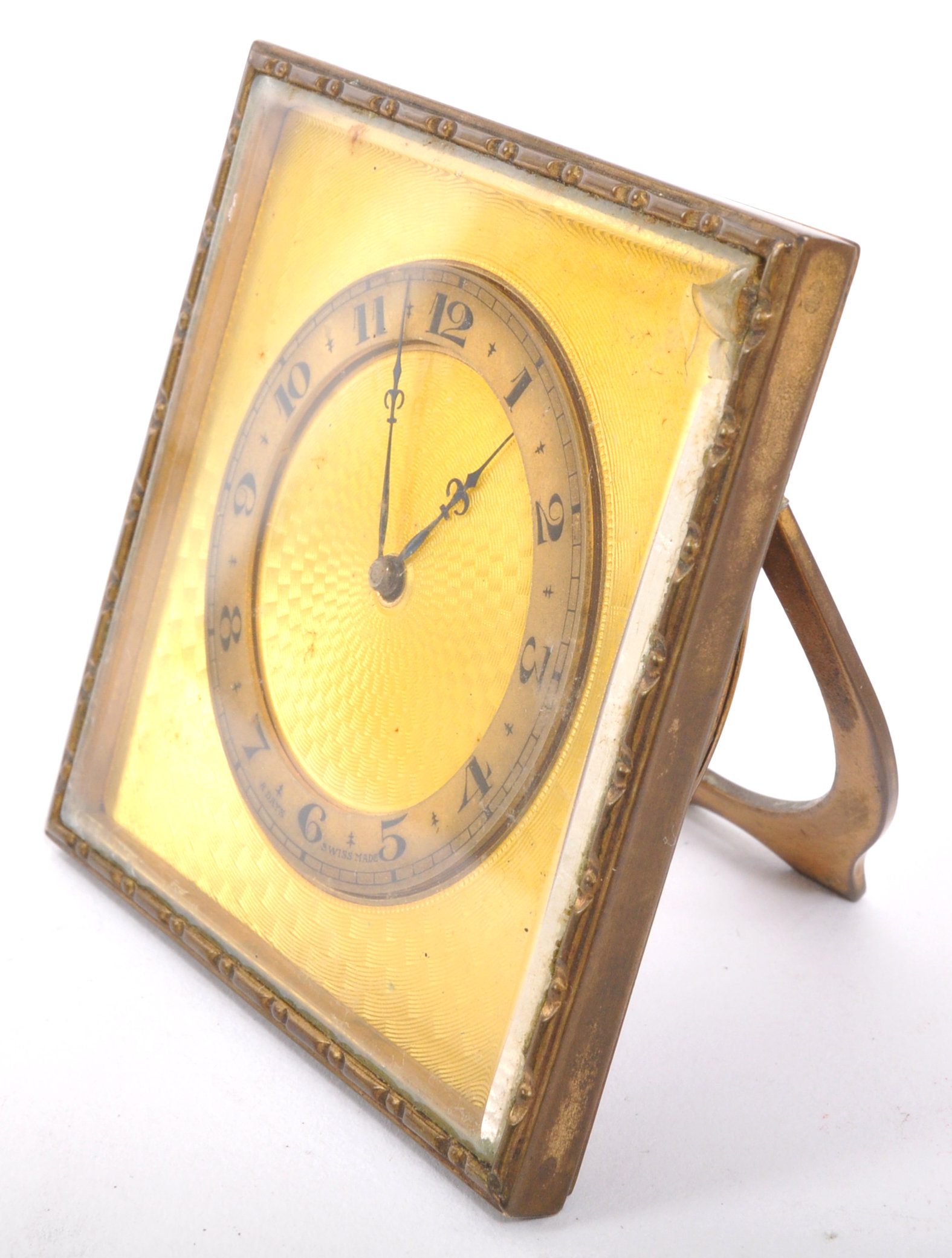 ART DECO BRASS CASED GILT GUILLOCHE ENAMEL TRAVEL EASEL CLOCK - Image 2 of 6