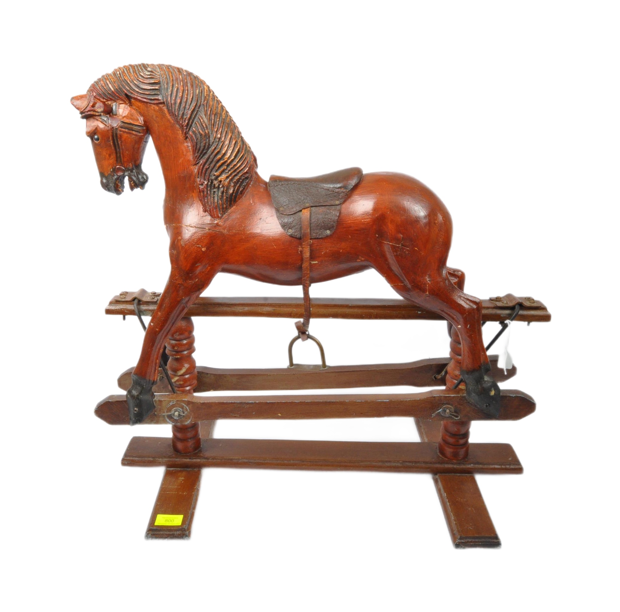 REPRO VICTORIAN CARVED WOOD ROCKING HORSE WITH LEATHER SADDLE