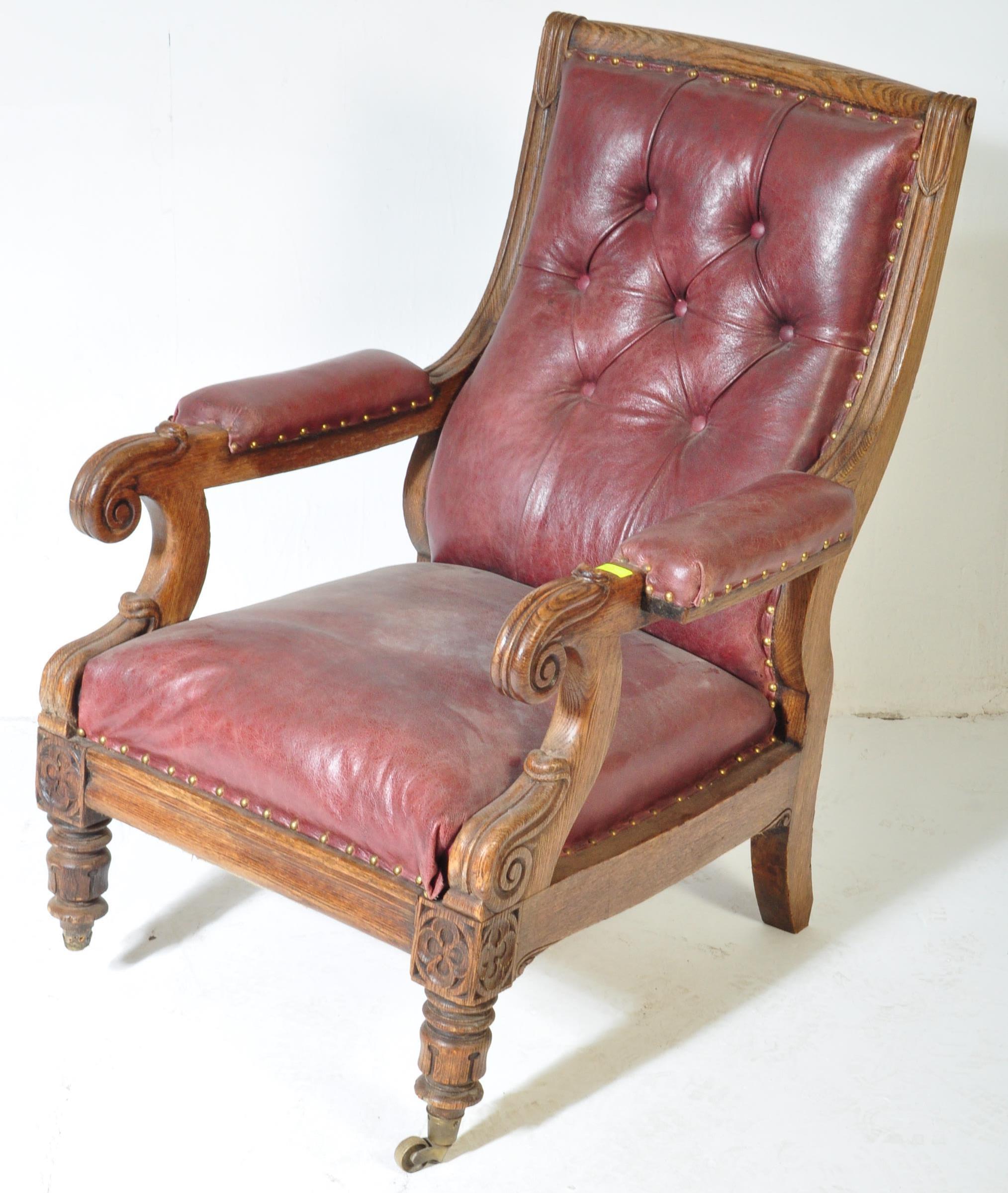 WILLIAM IV ENGLISH CARVED OAK AND LEATHER LIBRARY CHAIR - Image 2 of 6