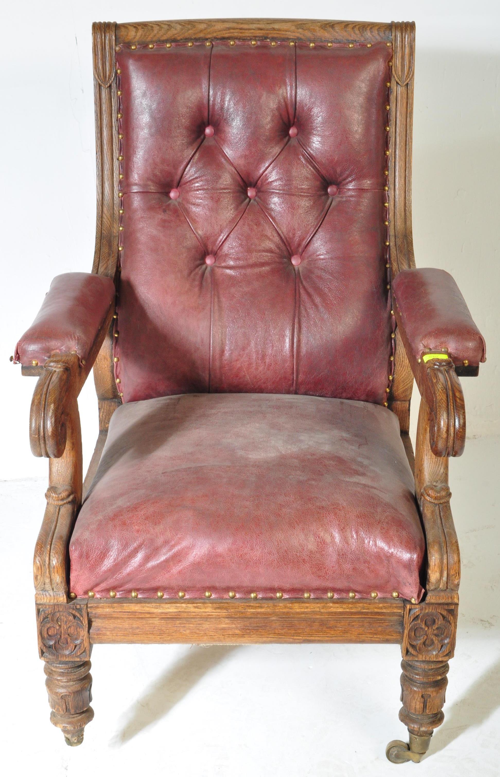 WILLIAM IV ENGLISH CARVED OAK AND LEATHER LIBRARY CHAIR - Image 3 of 6