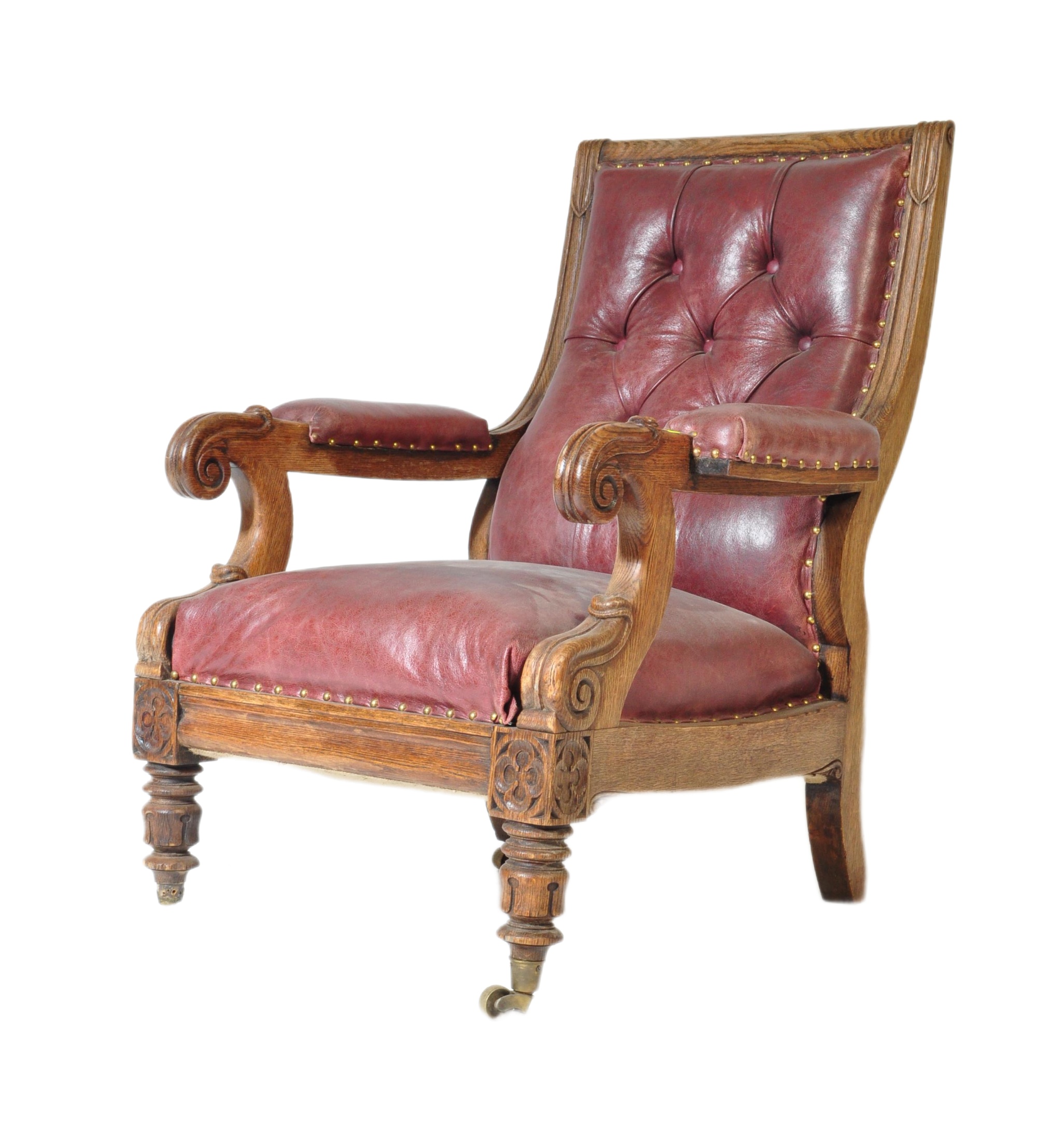 WILLIAM IV ENGLISH CARVED OAK AND LEATHER LIBRARY CHAIR