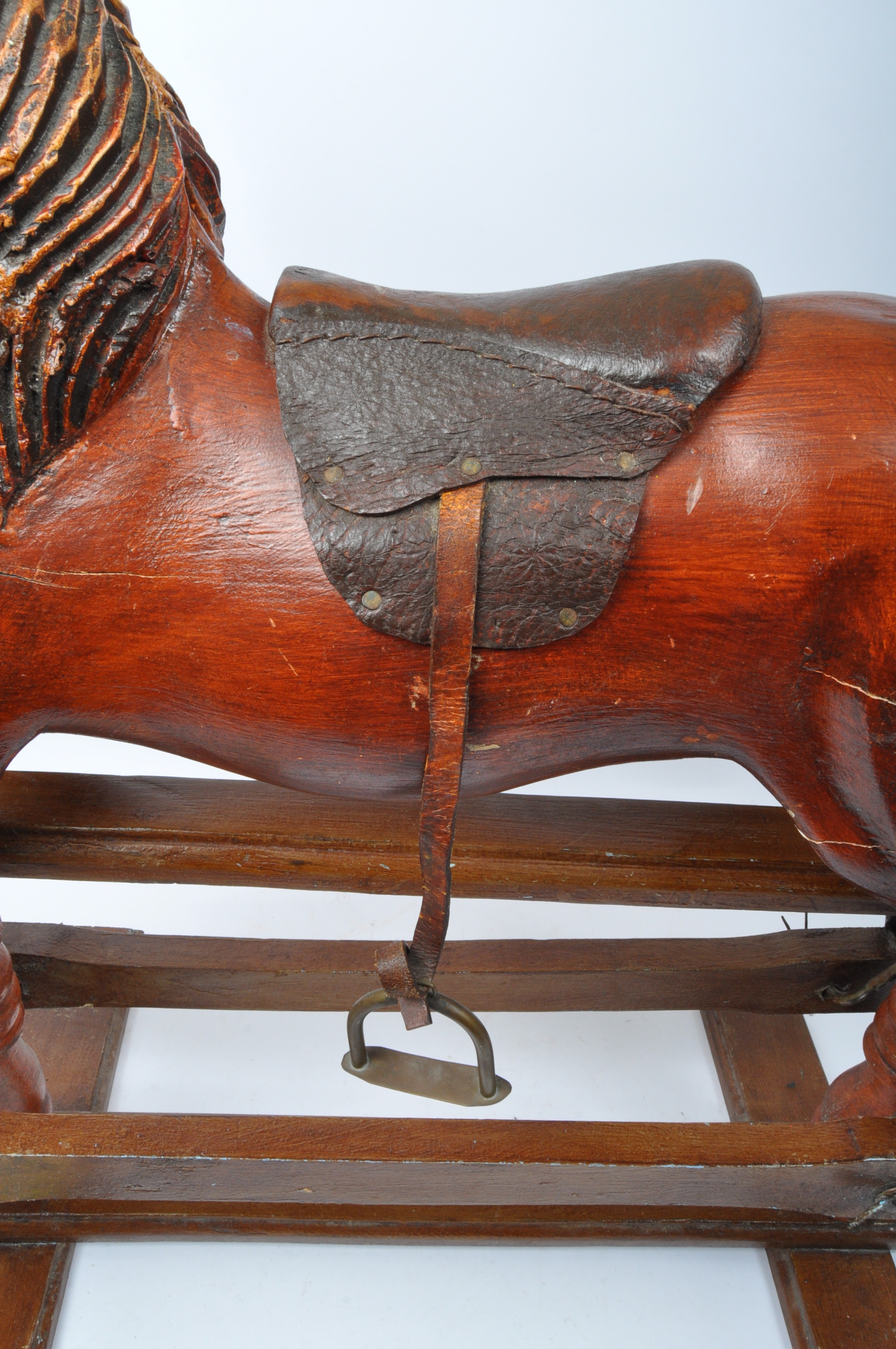 REPRO VICTORIAN CARVED WOOD ROCKING HORSE WITH LEATHER SADDLE - Image 5 of 5
