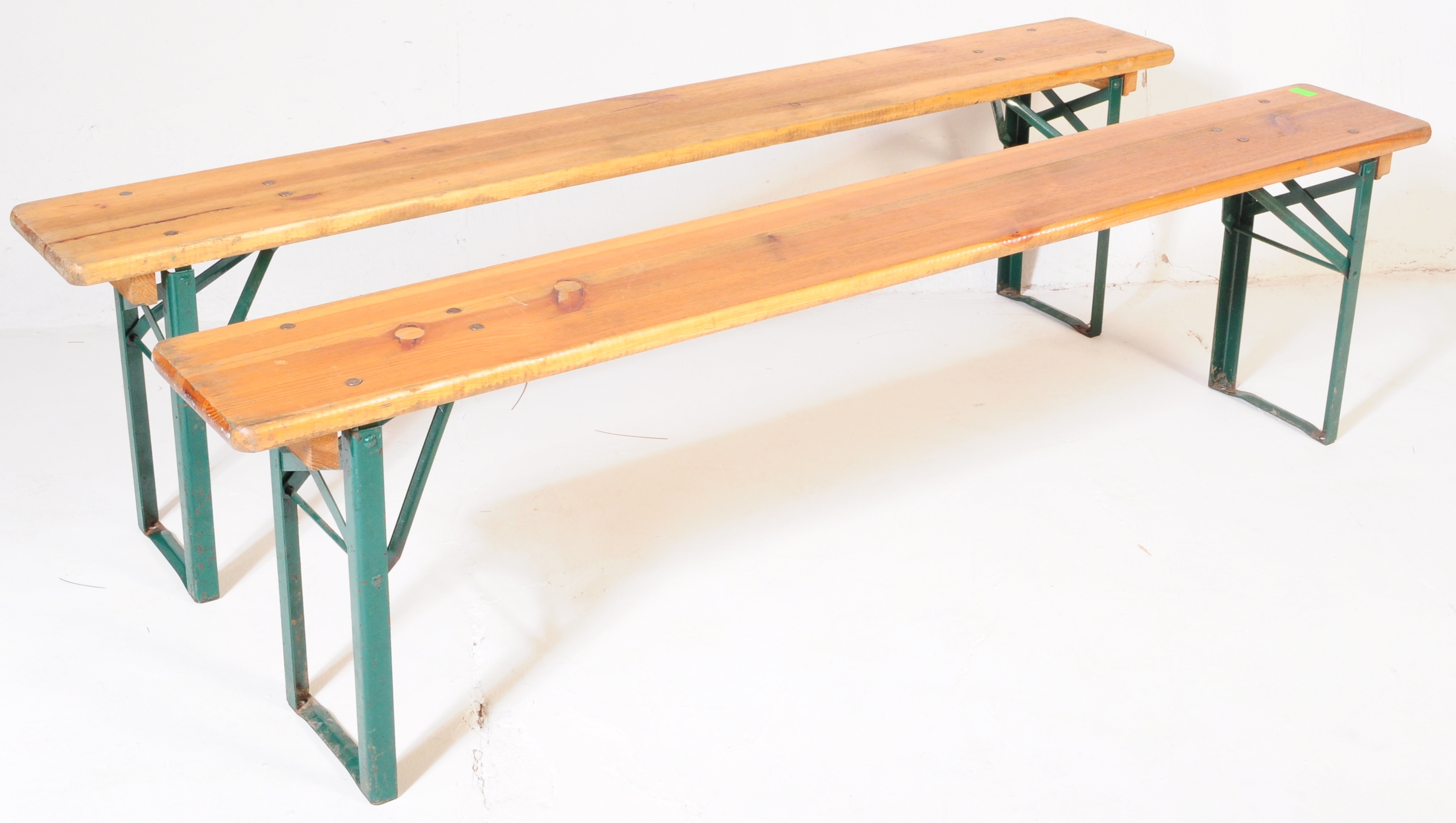 NATURA - PAIR OF RETRO INDUSTRIAL / SCHOOL FOLDING BENCHES ON METAL LEGS - Image 2 of 9