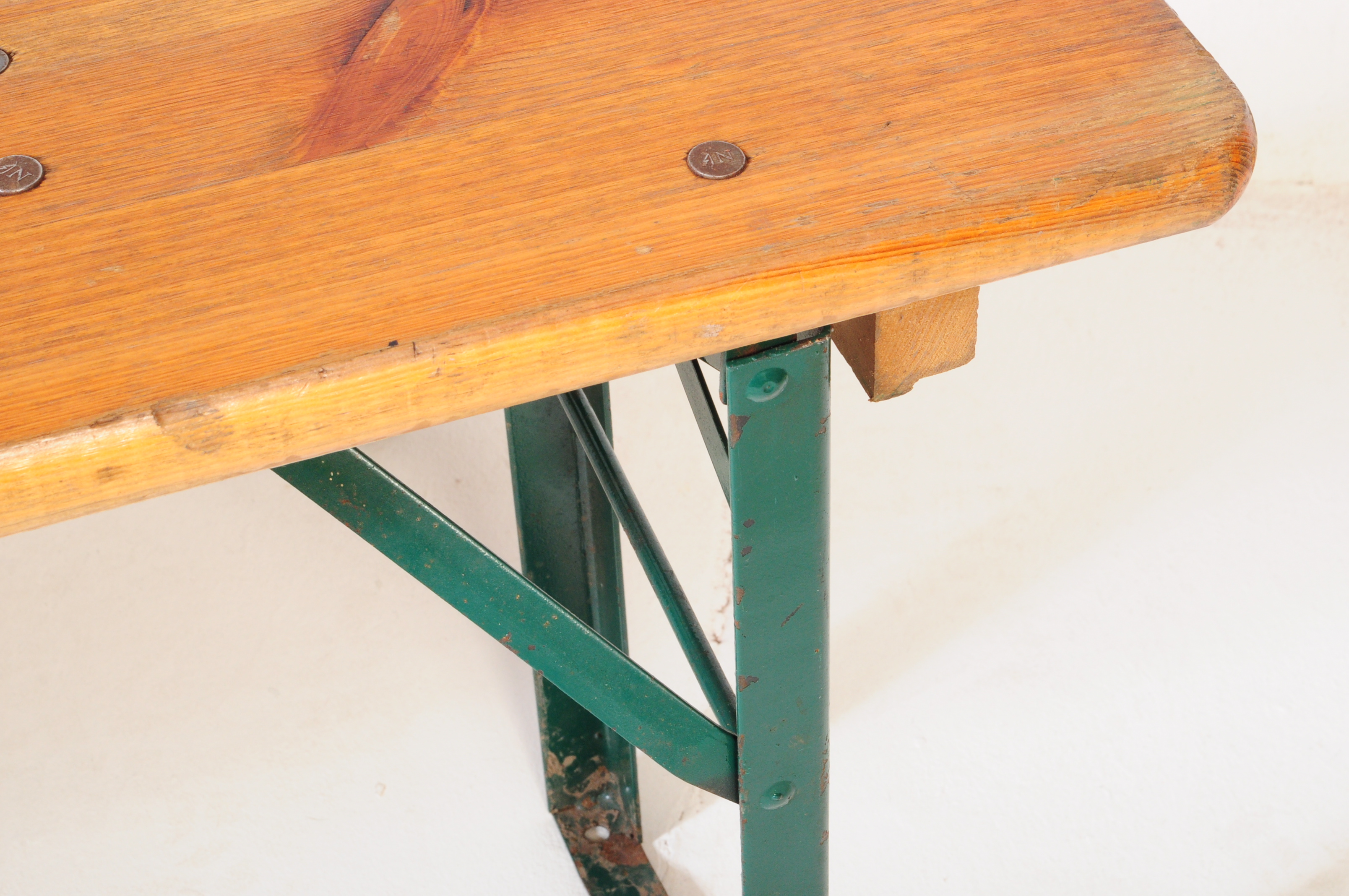 NATURA - PAIR OF RETRO INDUSTRIAL / SCHOOL FOLDING BENCHES ON METAL LEGS - Image 4 of 9