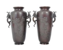 PAIR OF TWIN HANDLED JAPANESE BRONZE VASES
