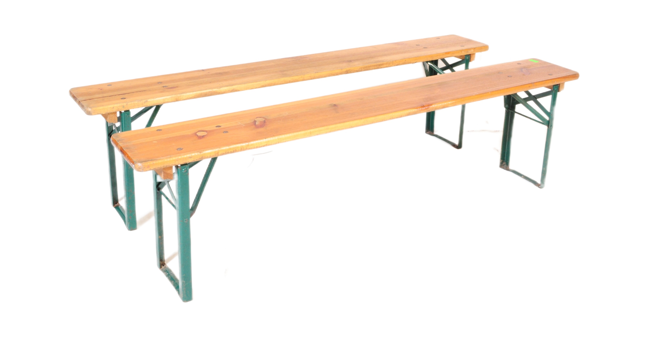 NATURA - PAIR OF RETRO INDUSTRIAL / SCHOOL FOLDING BENCHES ON METAL LEGS