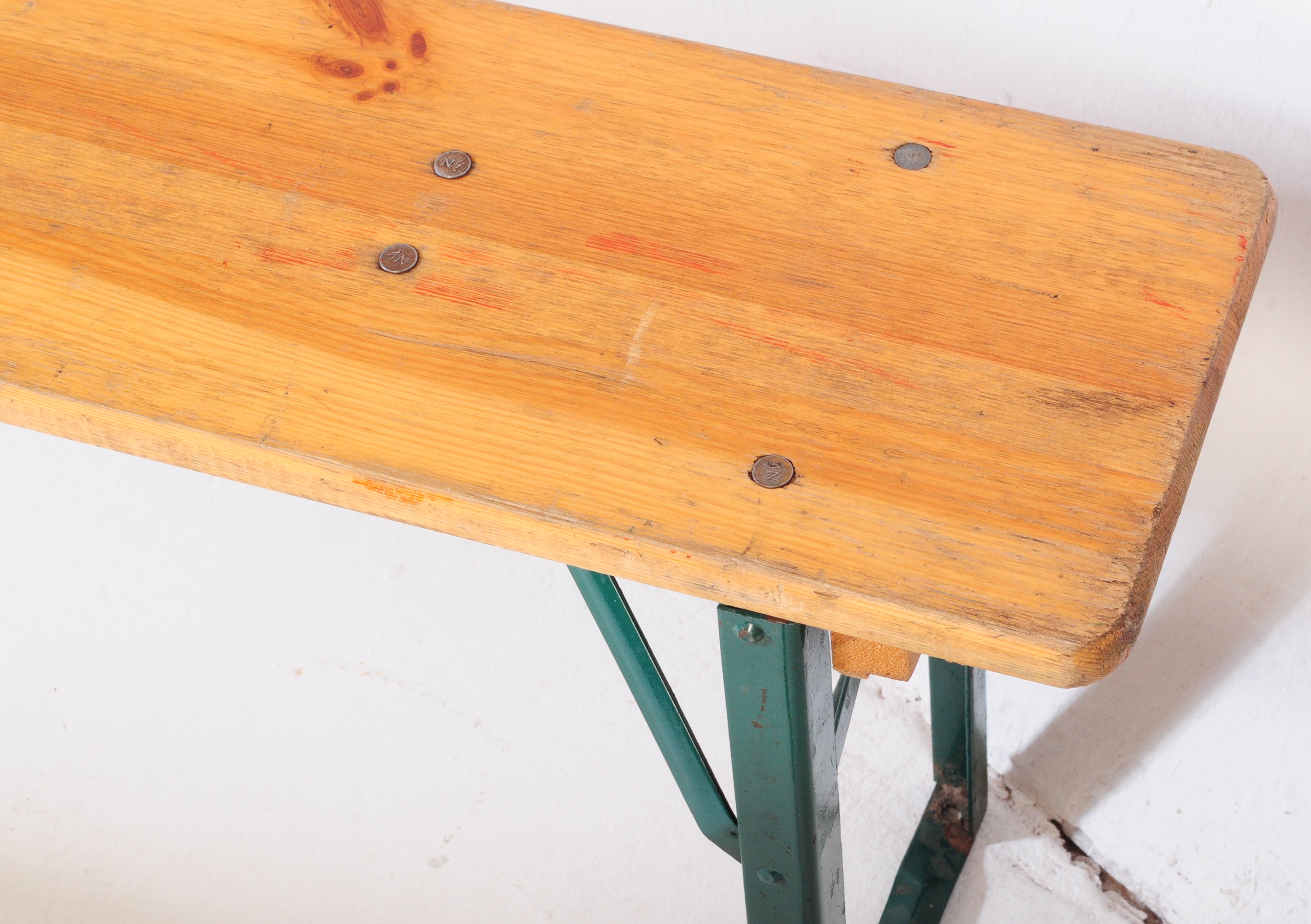 NATURA - PAIR OF RETRO INDUSTRIAL / SCHOOL FOLDING BENCHES ON METAL LEGS - Image 6 of 9