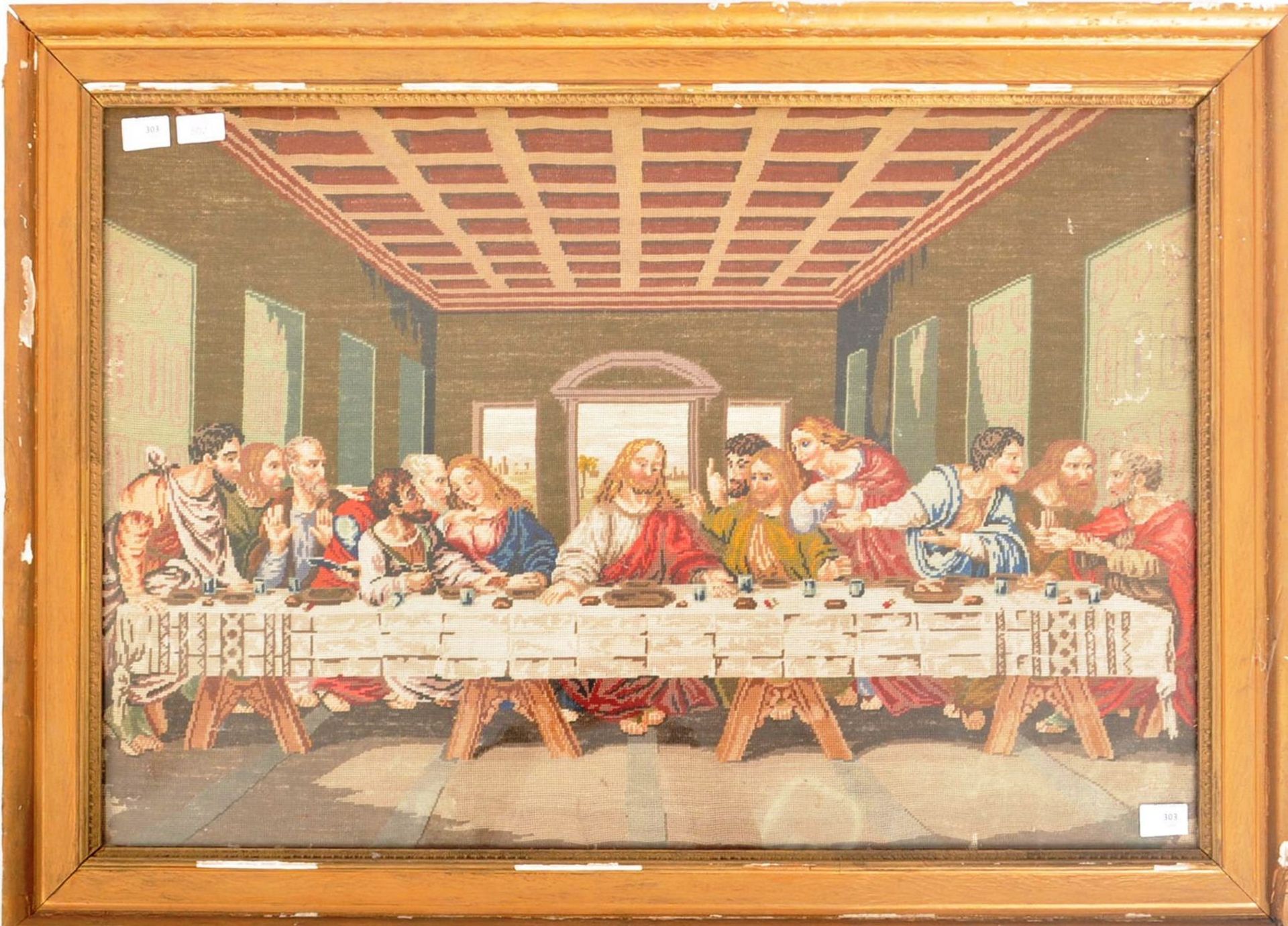 19TH CENTURY LAST SUPPER EMBROIDERED NEEDLEPOINT TAPESTRY