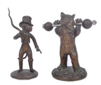 ANTIQUE BRONZE WEIGHTLIFTING BEAR WITH DUMBBELL & MONKEY
