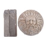 ECCLESIASTICAL BATH STONE ARCHITECTURAL PLAQUE TOGETHER WITH MINERVA GORGON HEAD