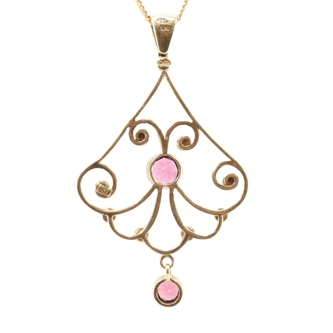 HALLMARKED 9CT GOLD SEED PEARL & PINK STONE NECKLACE PENDANT & CHAIN - Image 2 of 4