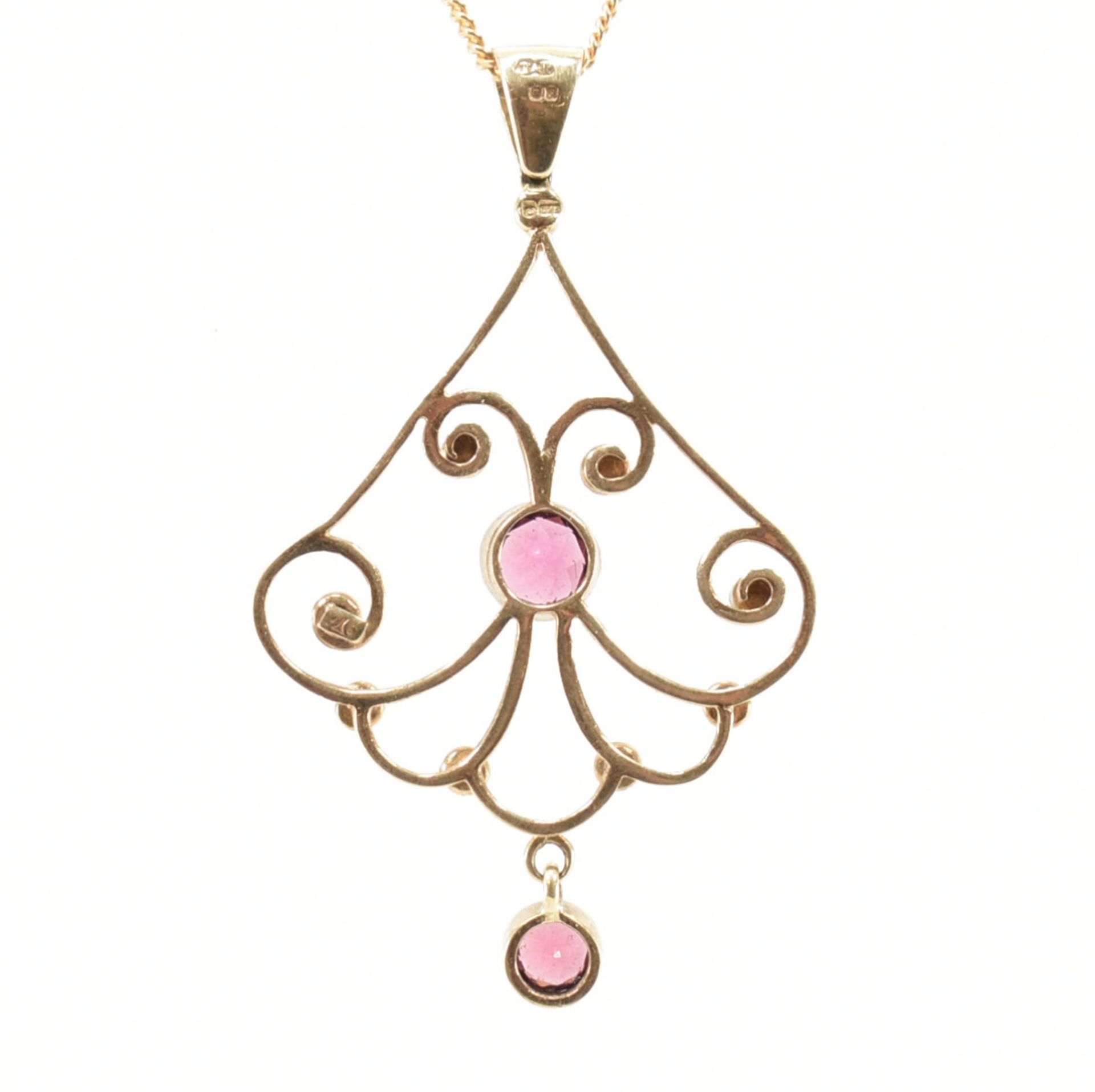 HALLMARKED 9CT GOLD SEED PEARL & PINK STONE NECKLACE PENDANT & CHAIN - Image 2 of 4