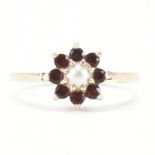 HALLMARKED 9CT GOLD GARNET & PEARL CLUSTER RING