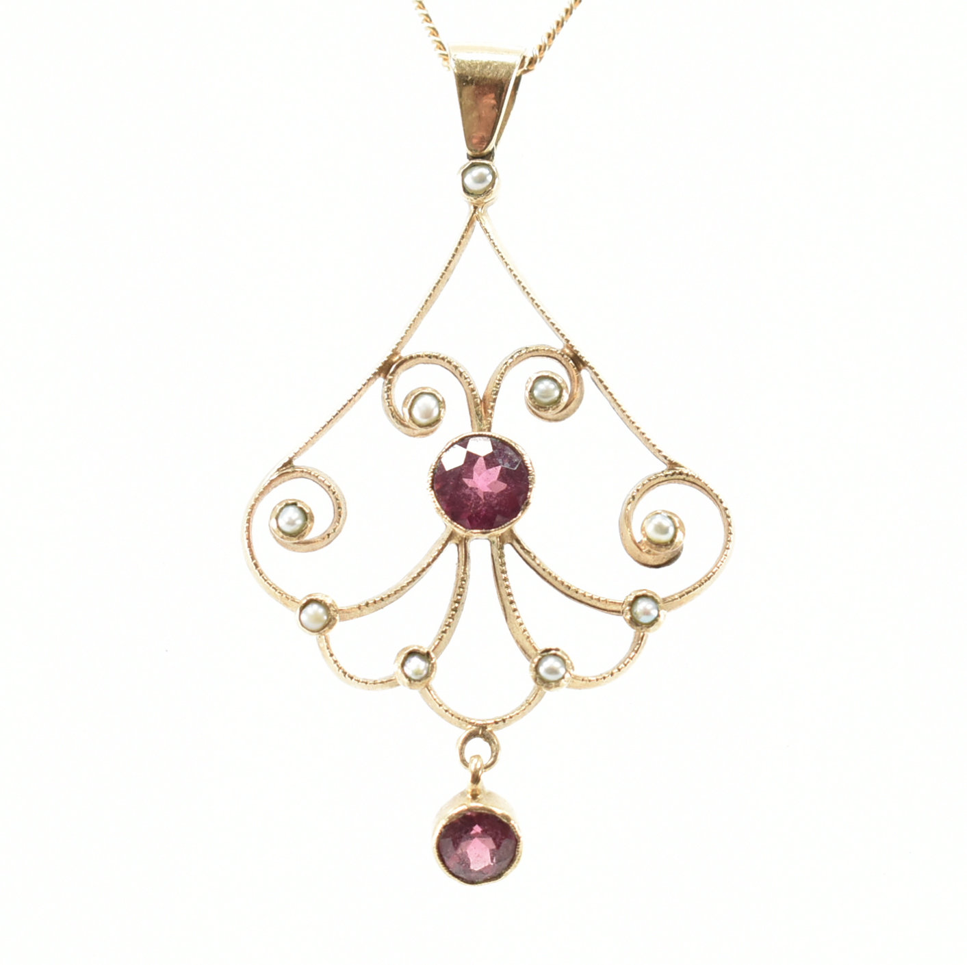 HALLMARKED 9CT GOLD SEED PEARL & PINK STONE NECKLACE PENDANT & CHAIN