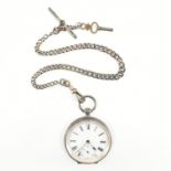 OPEN FACED SILVER POCKET WATCH WITH ALBERT CHAIN & T-BAR