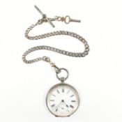 OPEN FACED SILVER POCKET WATCH WITH ALBERT CHAIN & T-BAR