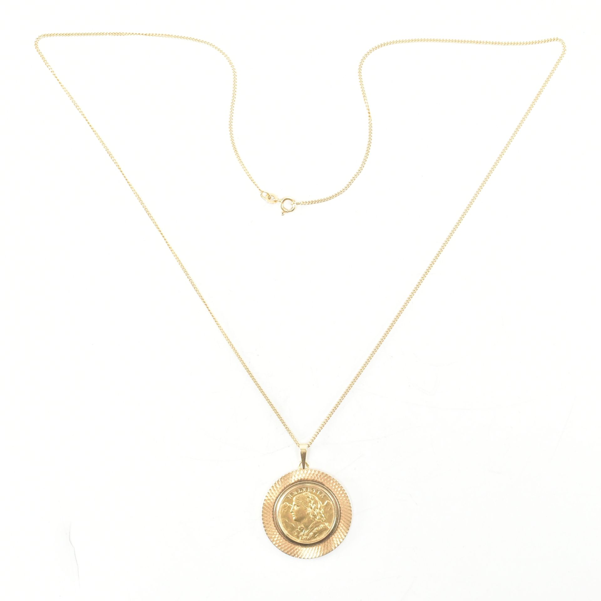 18CT GOLD PEDANT NECKLACE & MOUNTED 900 GOLD SWISS 20 FRANC - Image 3 of 4