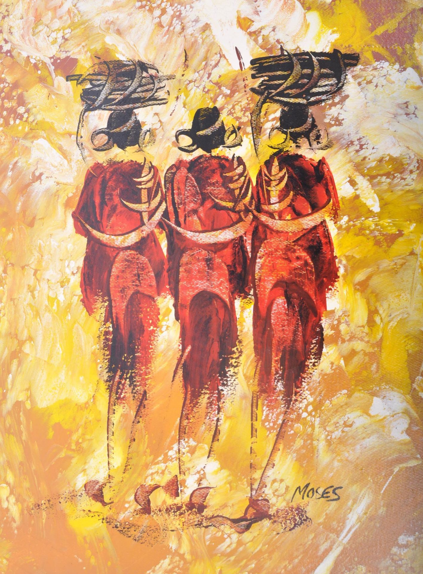 VINTAGE MASAI WOMEN OIL ON CANVAS PAINTING BY MOSES - Image 3 of 6