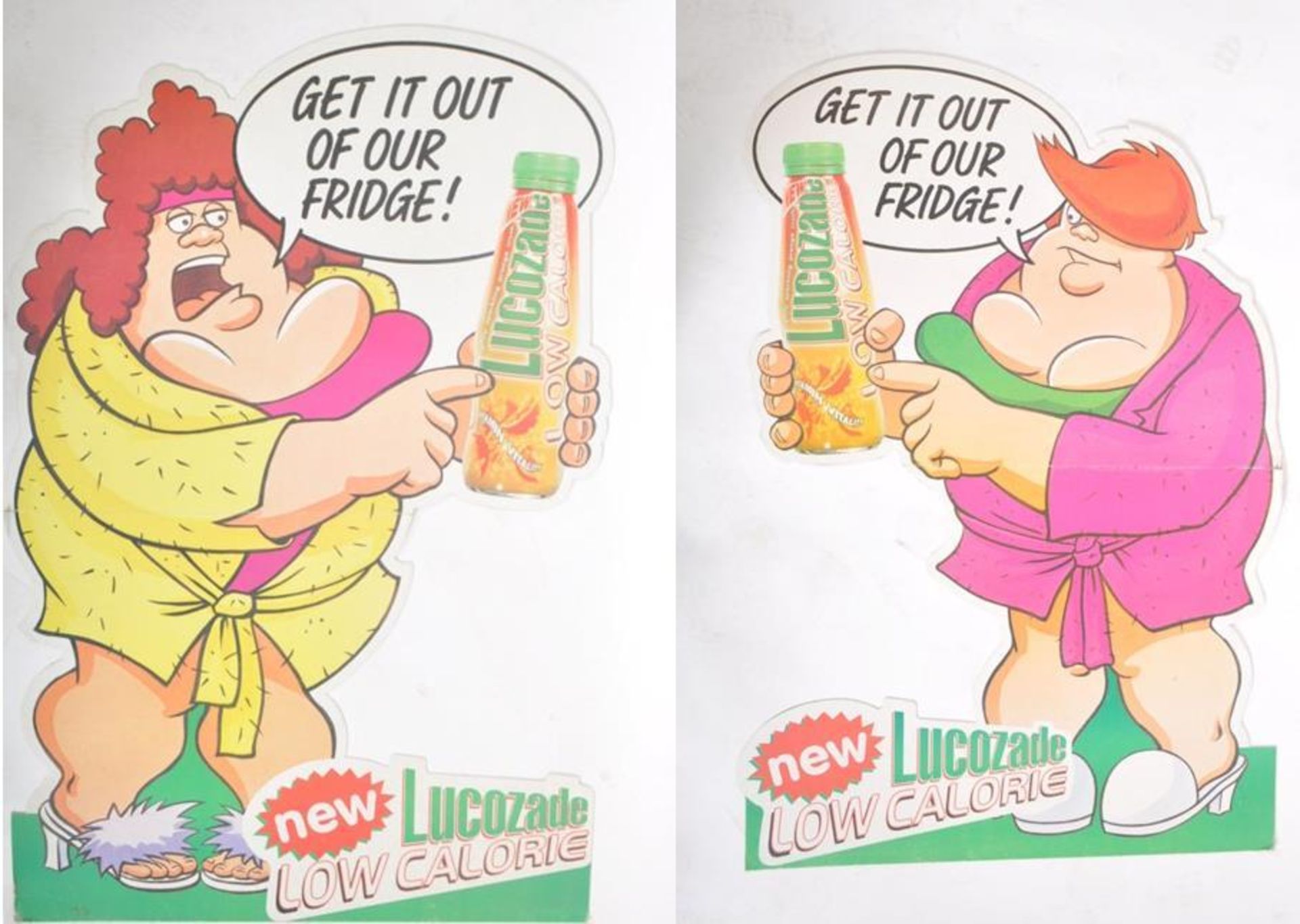 TWO VINTAGE 1997 THE FAT SLAGS X LUCOZADE CARDBOARD SIGNS
