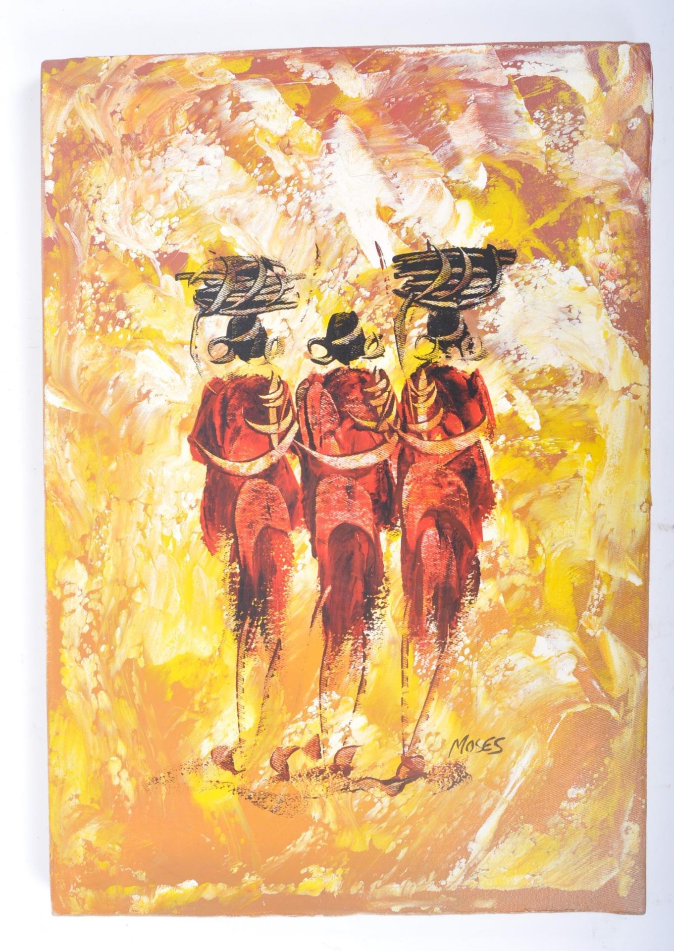 VINTAGE MASAI WOMEN OIL ON CANVAS PAINTING BY MOSES - Image 2 of 6