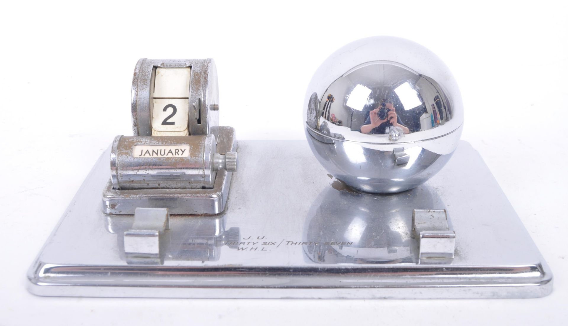 ART DECO C. 1930S CHROME GLOBE INKWELL & PERPETUAL CALENDAR - Bild 3 aus 7