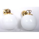 PAIR OF RETRO GILT METAL & MILK GLASS GLOBE CEILING LIGHTS