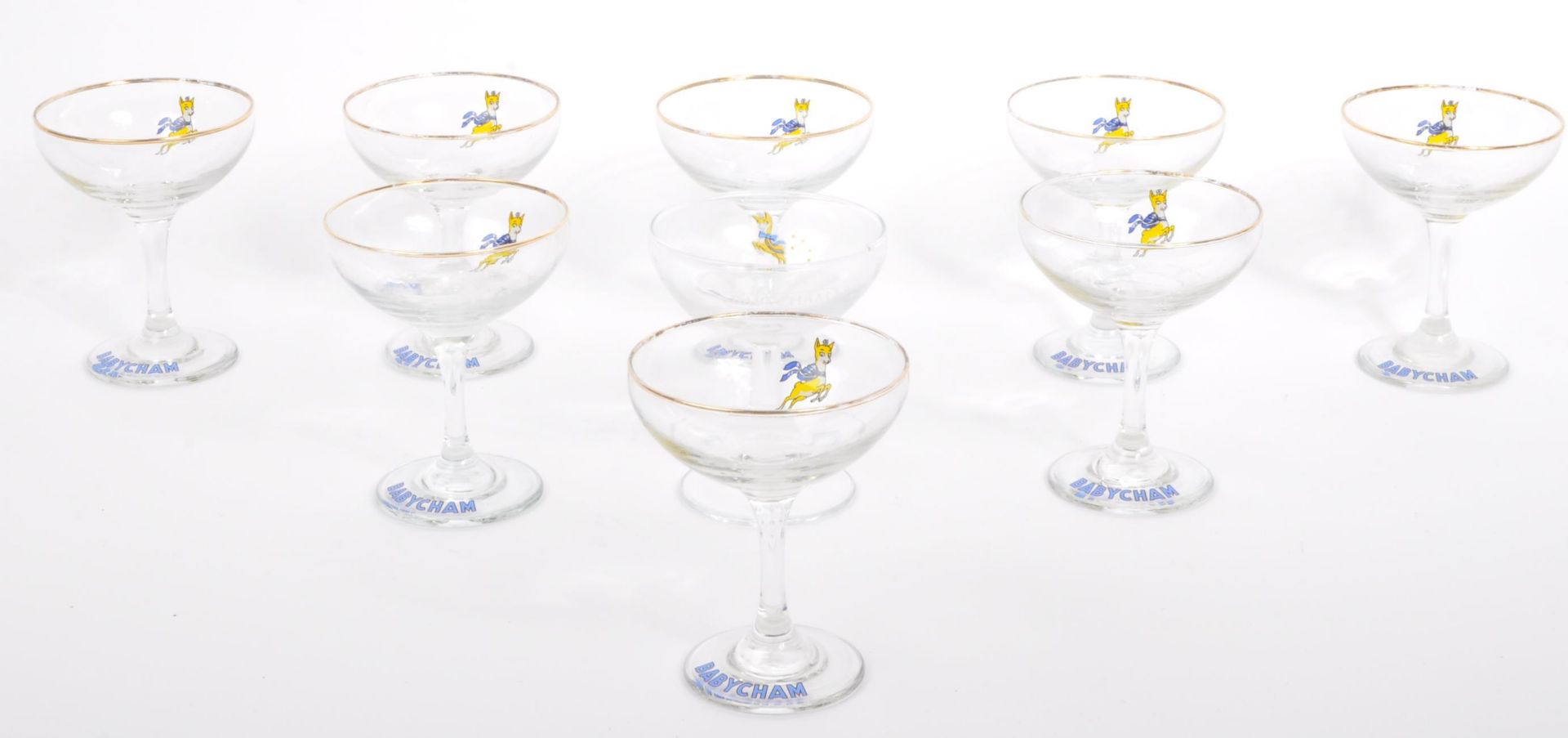 NINE VINTAGE BABYCHAM COCKTAIL COUPE GLASSES