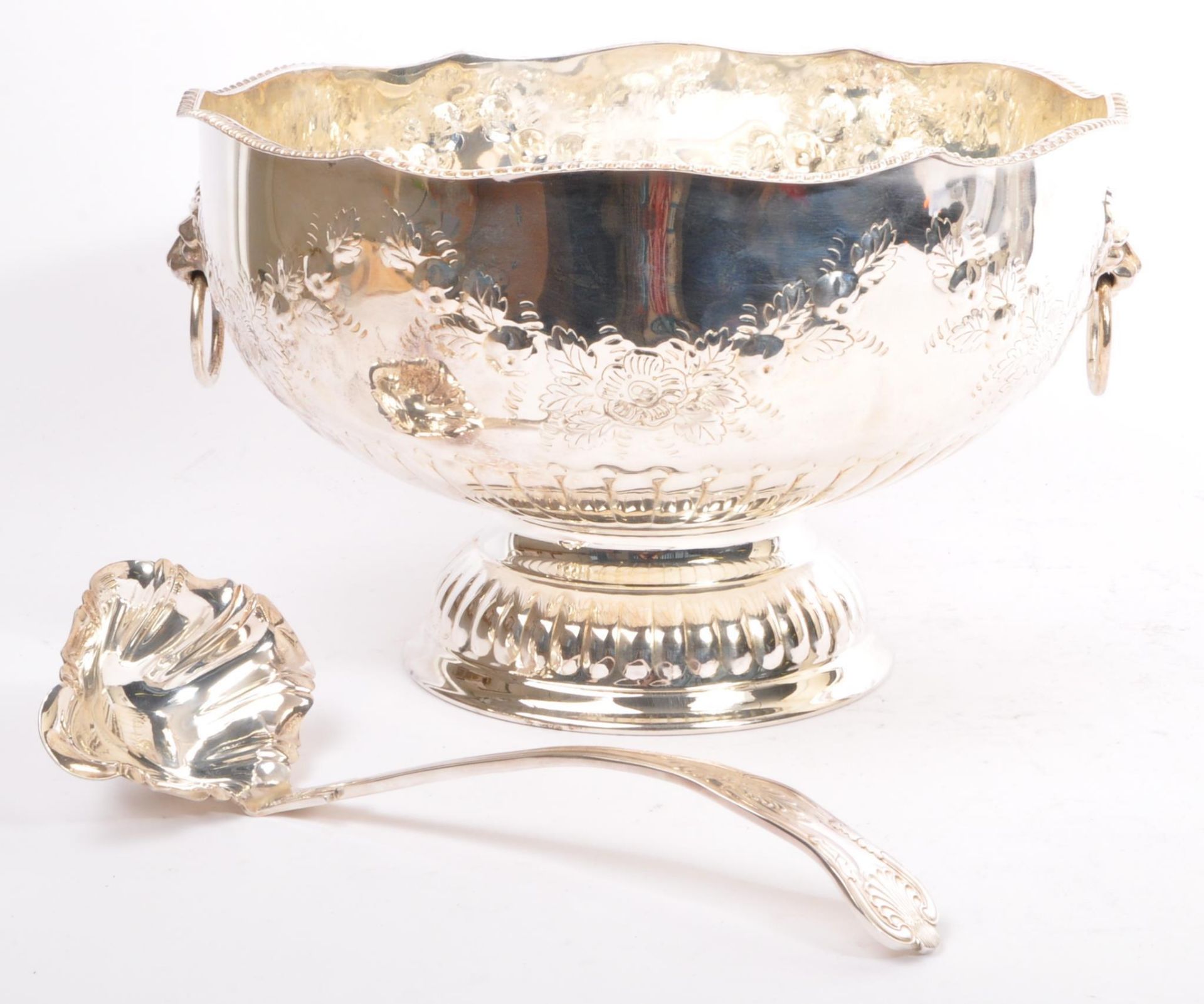 20TH CENTURY LARGE SILVER PLATED PUNCH BOWL AND LADLE