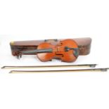 19TH CENTURY VIOLIN WITH TWO BOWS & WOODEN CASE