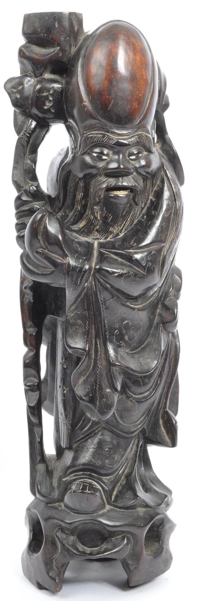 19TH CENTURY CHINESE SILVER INLAID HARDWOOD FIGURE - SHOUXING