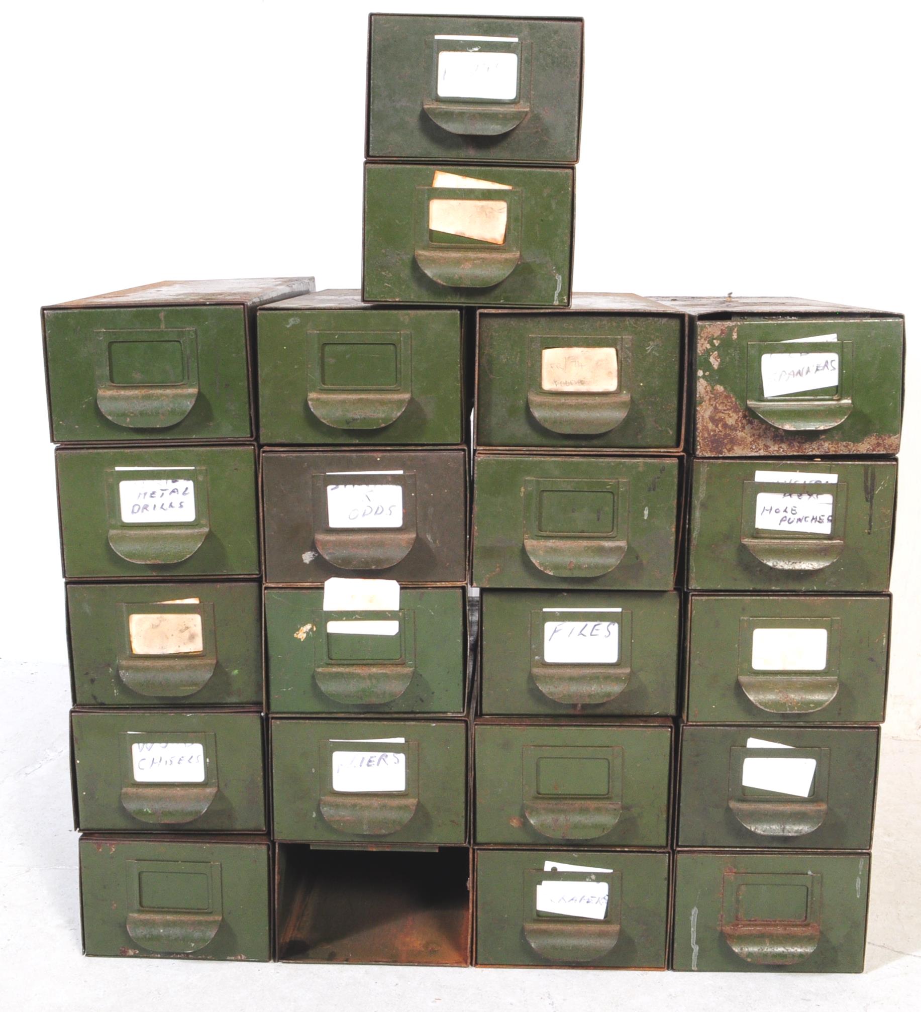 EIGHTEEN MID CENTURY METAL GREEN INDEX BOXES - Image 3 of 5