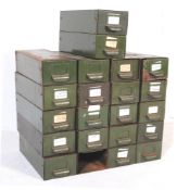 EIGHTEEN MID CENTURY METAL GREEN INDEX BOXES