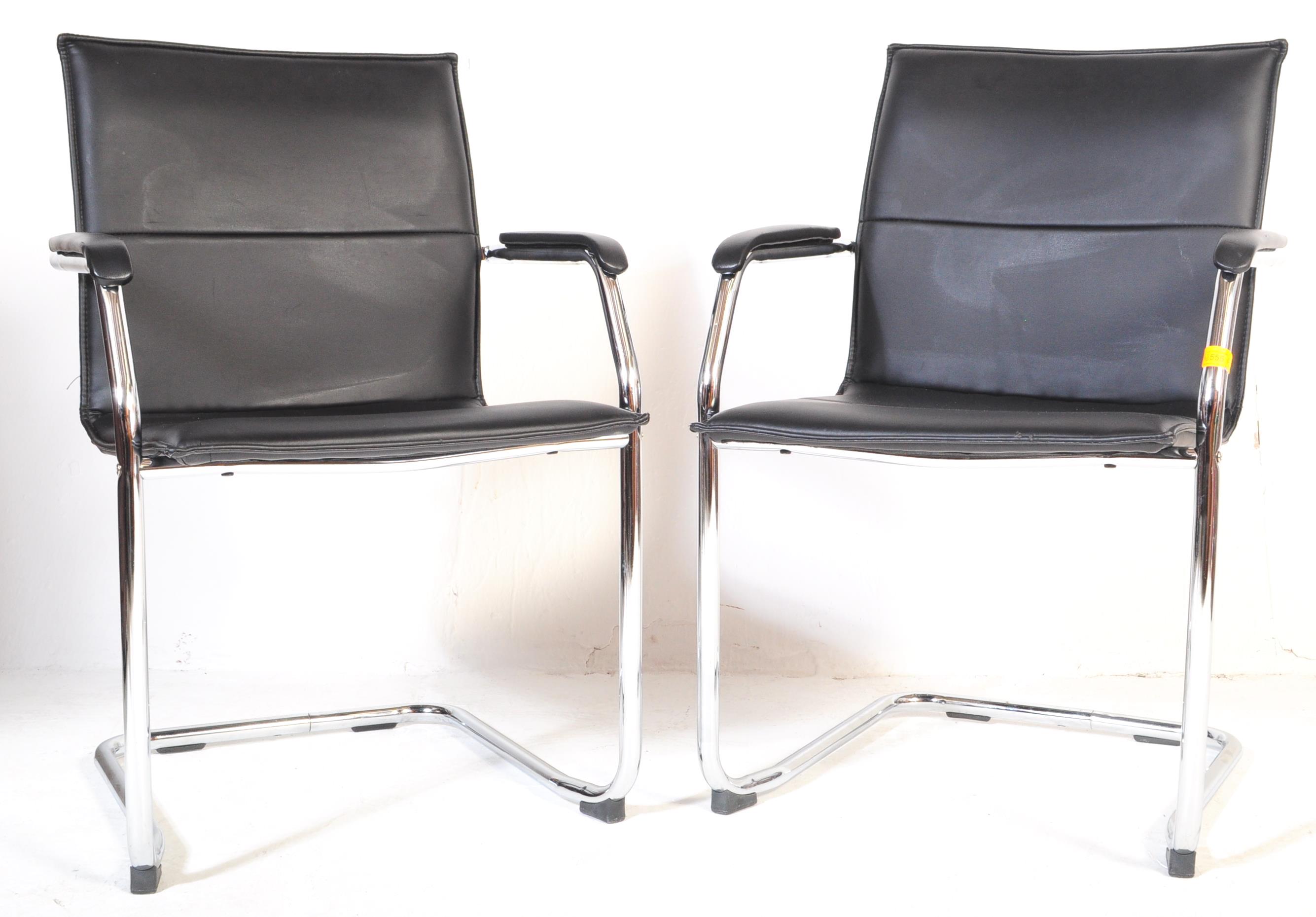 PAIR OF BLACK LEATHER & CHROME CANTILEVER OFFICE ARMCHAIRS