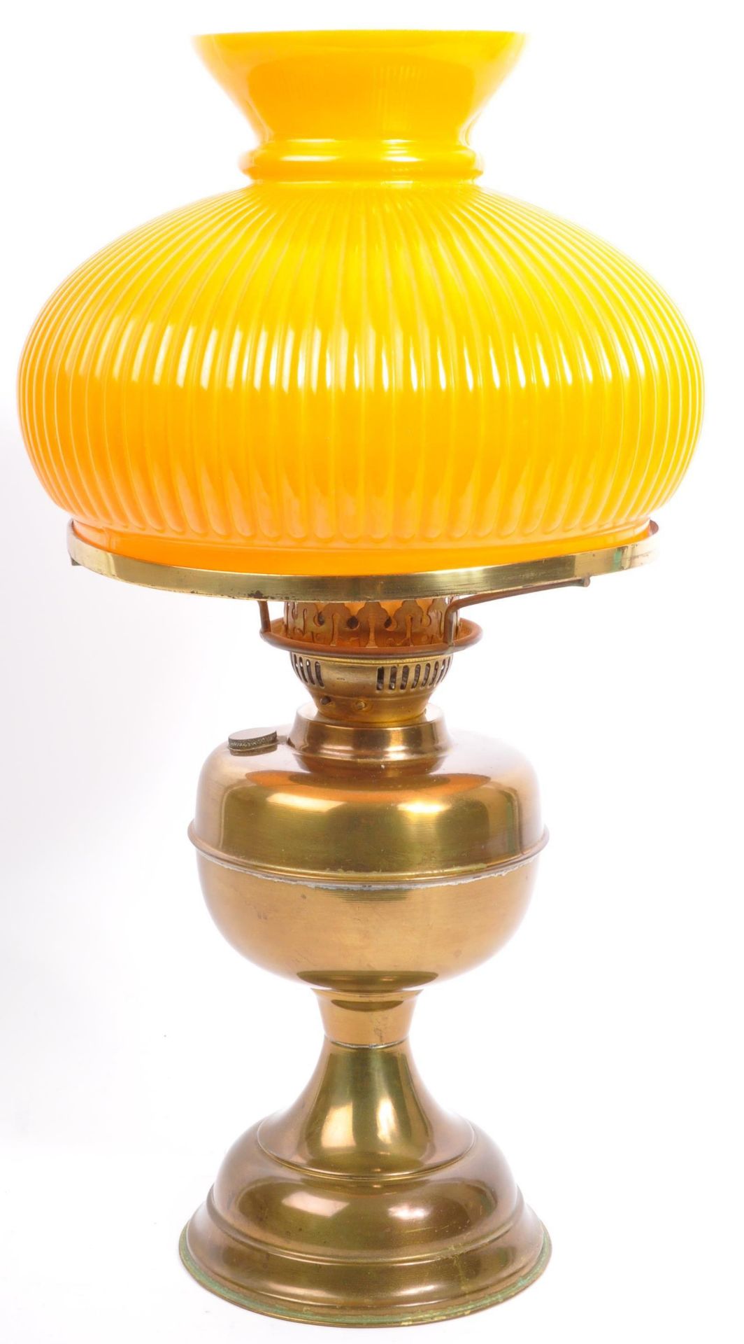 VINTAGE 20TH CENTURY ORANGE GLASS BRASS OIL LAMP BY DUPLEX