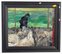 1991 TORY LAWRENCE SIGNED OIL ON CANVAS FARMING SHEEP SCENE