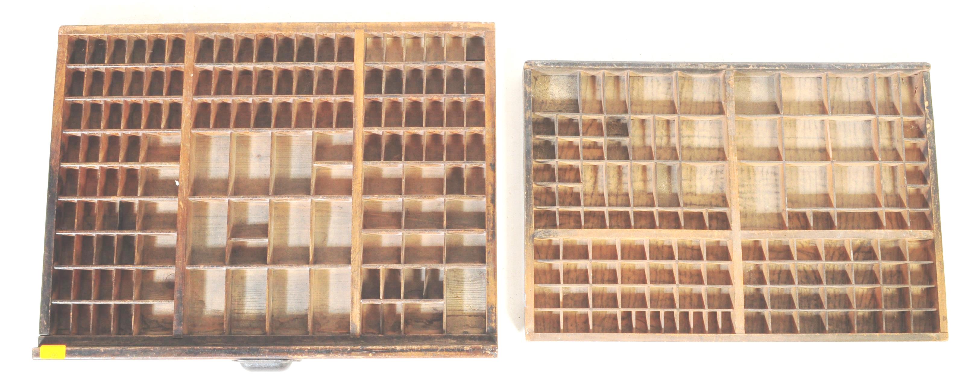 TWO EARLY 20TH CENTURY WOODEN PRINTER TRAYS