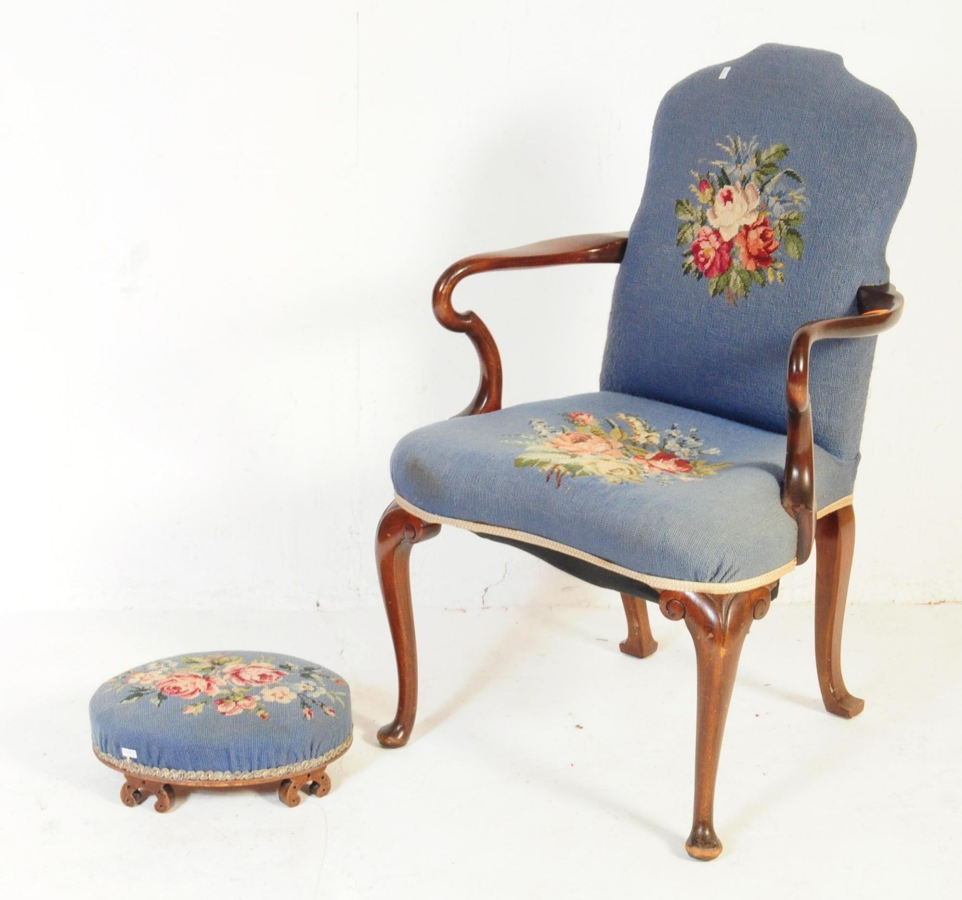 EARLY 20TH CENTURY MAHOGANY LOUNGE ARM CHAIR WITH STOOL - Image 2 of 6