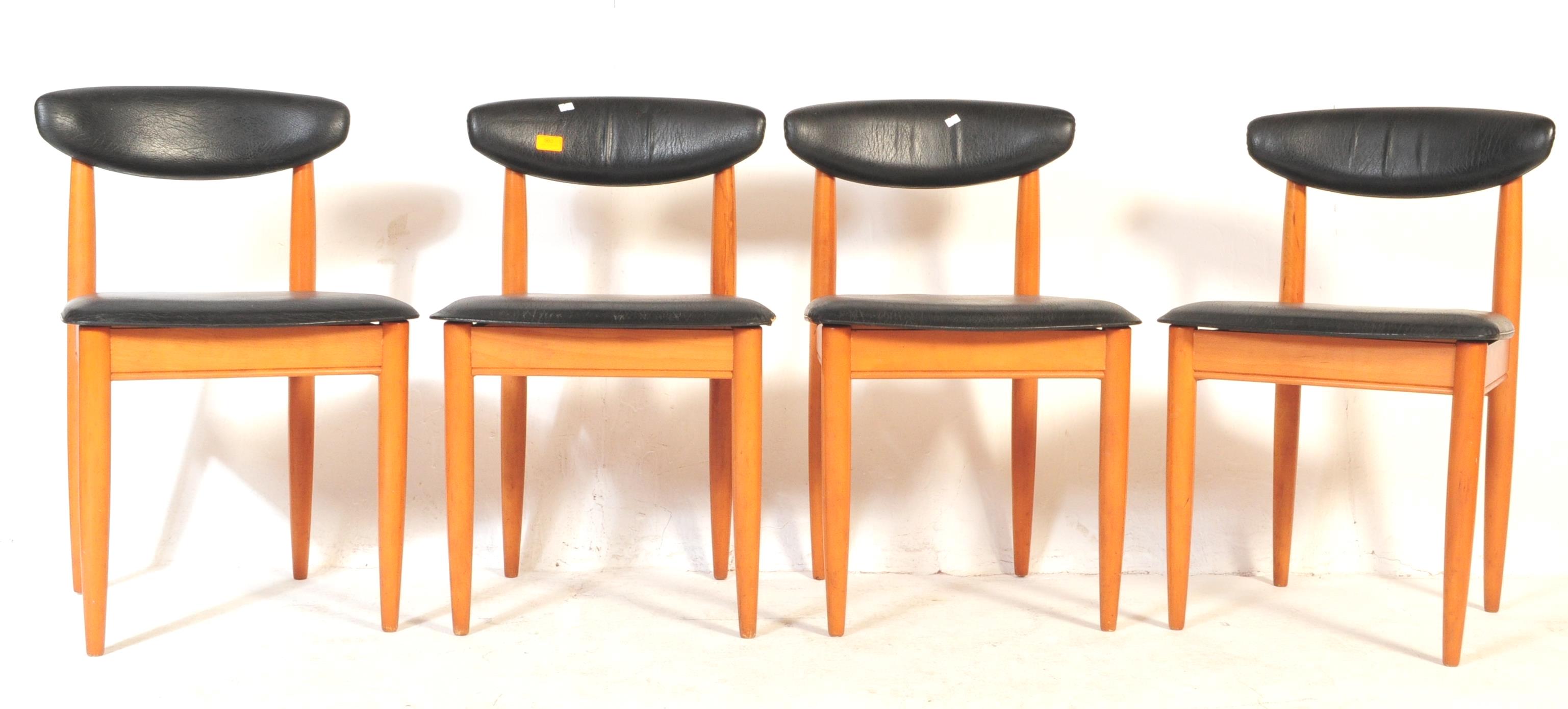 FOUR MID CENTURY SCHREIBER TEAK & BLACK VINYL DINING CHAIRS