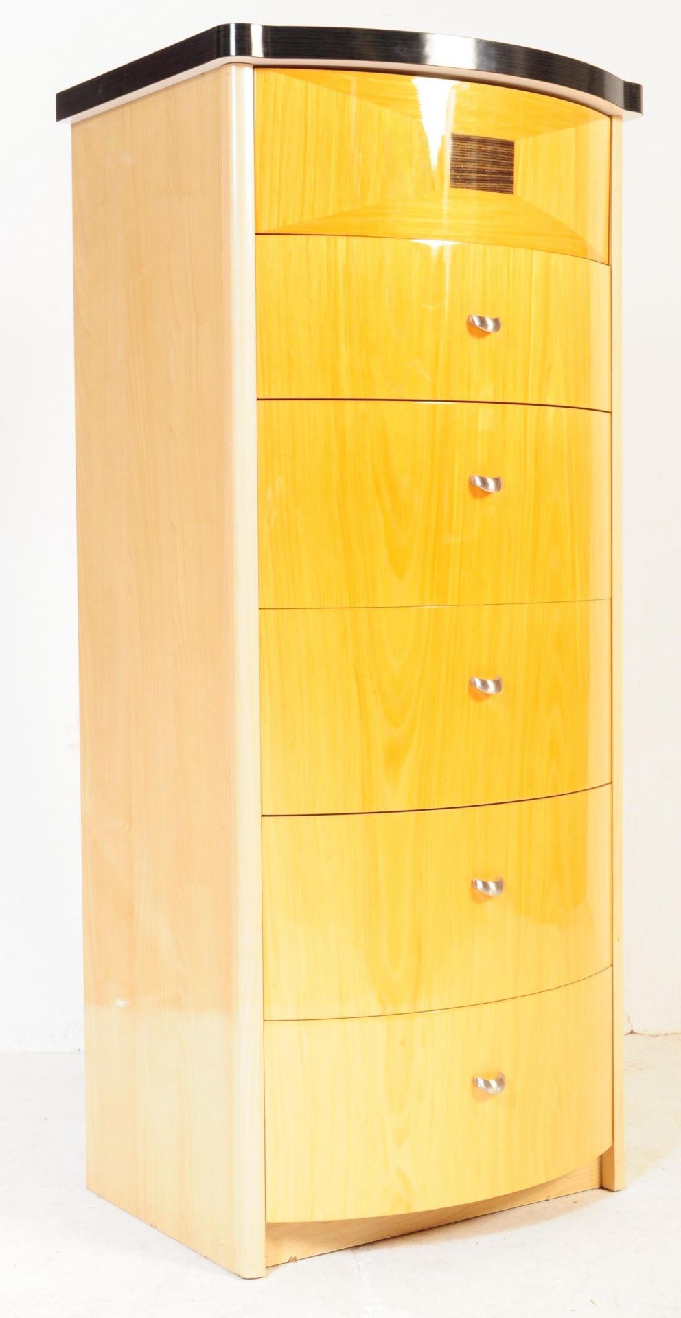 CONTEMPORARY BOW FRONT VENEERED PEDESTAL CHEST OF DRAWERS