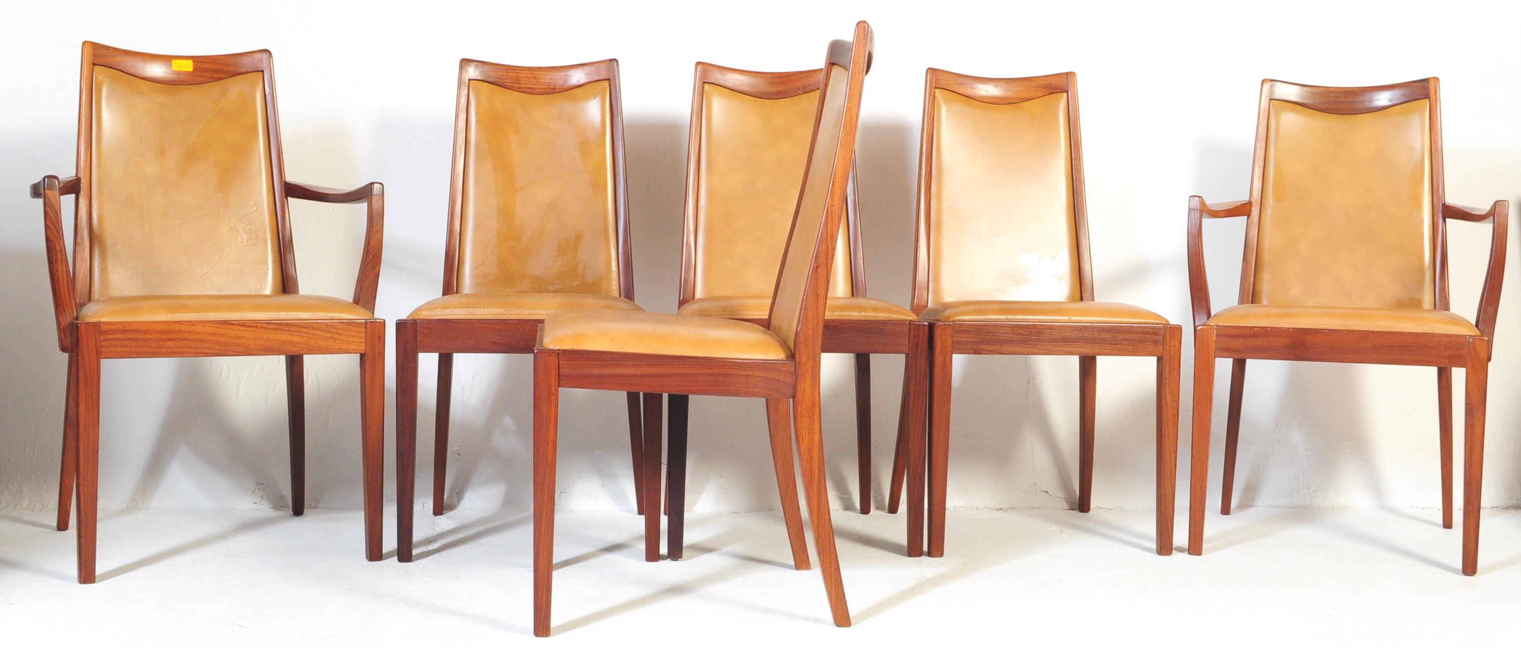 SIX MID CENTURY G PLAN TEAK & TAN LEATHERETTE DINING CHAIRS