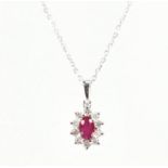 HALLMARKED 18CT WHITE GOLD DIAMOND & RED STONE NECKLACE PENDANT & CHAIN