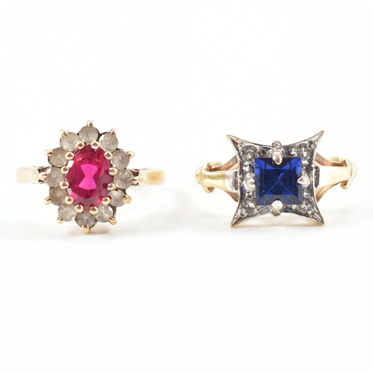 TWO HALLMARKED 9CT GOLD RINGS - SYNTHETIC RUBY & SYNTHETIC SAPPHIRE