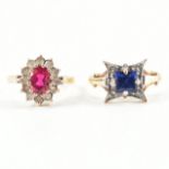 TWO HALLMARKED 9CT GOLD RINGS - SYNTHETIC RUBY & SYNTHETIC SAPPHIRE