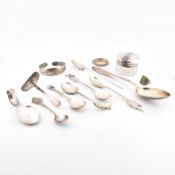 COLLECTION OF SILVER AND WHITE METAL SPOONS, RING, POT ETC