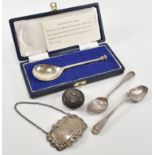 COLLECTION OF SILVER ITEMS SPOONS DECANTER LABEL