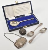 COLLECTION OF SILVER ITEMS SPOONS DECANTER LABEL
