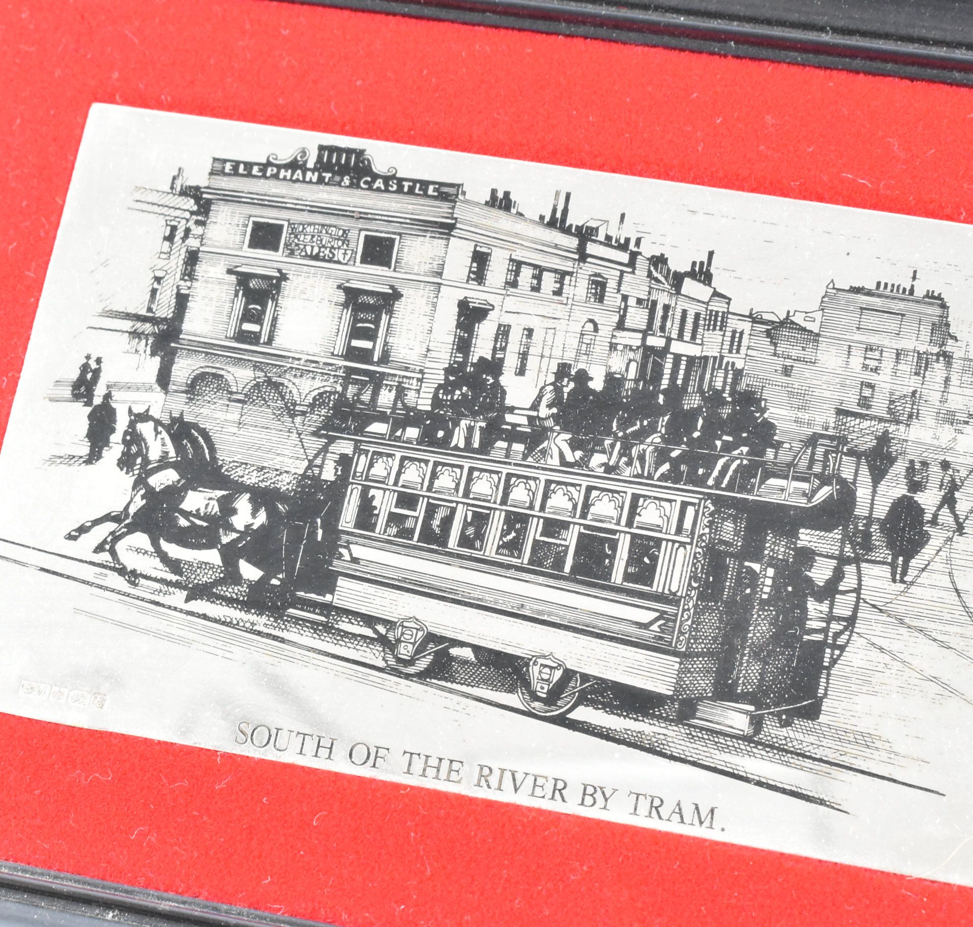 THREE HALLMARKED SILVER PLAQUE ETCHINGS OF BUSES & A TRAM - Image 4 of 6